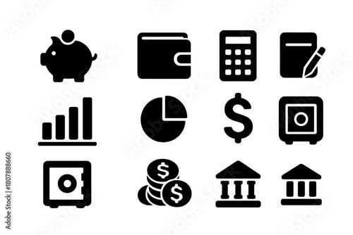 Personal Finance Icons. Personal Finance. Solid icon set of Personal Finance: piggy bank, wallet, calculator, credit card, bar chart, pie chart, dollar sign,