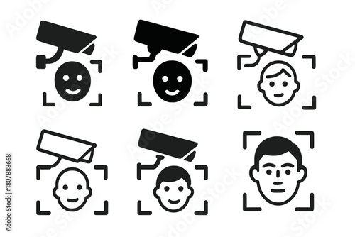 Facial Recognition Logos. Facial recognition. Icon set. Set Logo of facial recognition: camera lens with face aperture motif. harmonious logo variations of the