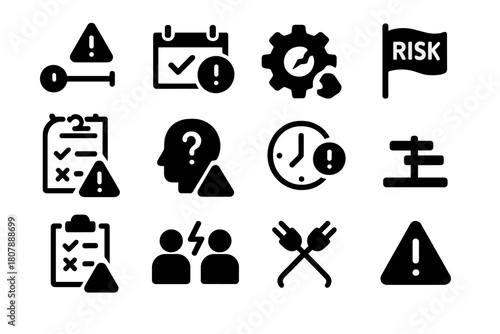 Project Risk Icons. Project management risks. Solid icon set of Project management risks: timeline delay, missing milestone, broken process, risk flag, budget