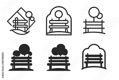 Empty Bench Icons. Empty bench. Icon set. Set Logo of empty bench: bench by lake. harmonious logo variations of the same emblematic concept, each