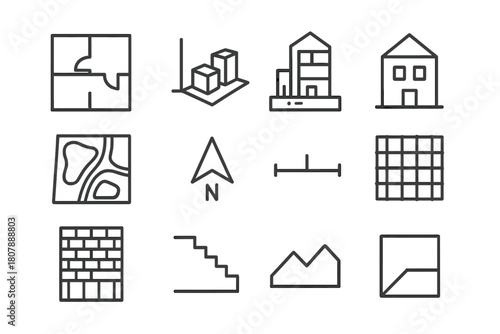 Architectural Icon Set. Architecture concept sketch. Line icon set of architecture concept sketch: floor plan, section, elevation, massing model, site plan,