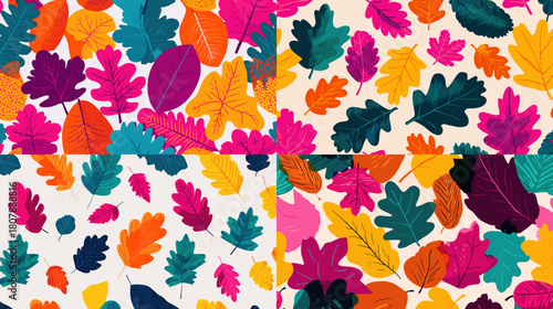 Bright autumn leaf pattern featuring bold pink, teal, orange, and yellow foliage on a light background. Playful modern design ideal for textiles, packaging, and seasonal decor.