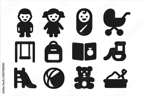 Children Icons Set. Children. Solid icon set of Children: boy, girl, baby, stroller, swing, backpack, school book, toy, playground slide, ball, teddy bear,