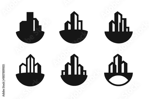 Real Estate Logos. Investing in real estate. Icon set. Set Logo of Investing in real estate: City skyline. harmonious logo variations of the same emblematic