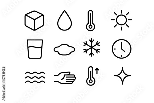 Ice Melting Symbols. How Ice Melts. Line icon set of How Ice Melts: ice cube, droplet, thermometer, sun, glass, puddle, snowflake, clock, water wave, hand, air