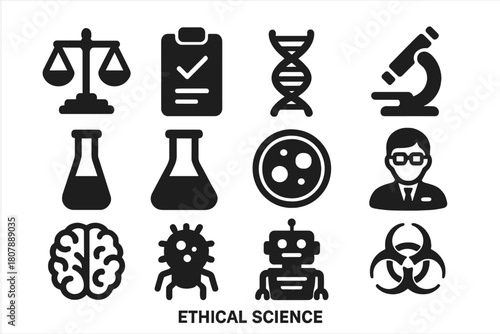 Ethical Science Icons. Ethical Science. Solid icon set of Ethical Science: ethical scale, clipboard, DNA strand, microscope, test tube, lab flask, petri dish,