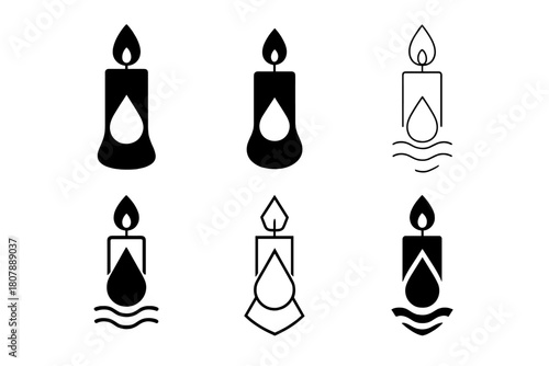 Baptism Logo Varieties. The significance of baptism in Christian faith. Icon set. Set Logo of baptism: candle and water drop representing spiritual rebirth.