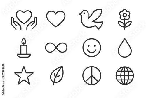 Selfless Love Icons. Selfless love. Line icon set of selfless love: open hands, heart, dove, flower, candle, infinity, smiling face, water droplet, star, leaf,