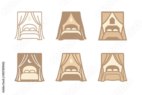 Peaceful Bedroom Icons. A peaceful bedroom with soft, calming colors and scents. Icon set. Set Logo of peaceful bedroom: cozy bed with flowing curtains and