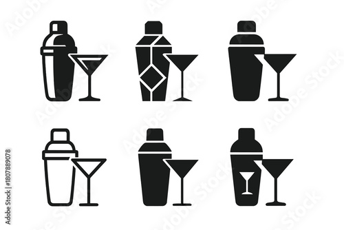 Alcohol Icon Designs. Alcohol. Icon set. Set Logo of alcohol: cocktail shaker and glass. harmonious logo variations of the same emblematic concept, each with