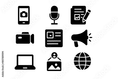 Citizen Journalism Icons. Citizen Journalism. Solid icon set of Citizen Journalism: smartphone camera, microphone, notepad, video camera, news post, megaphone,
