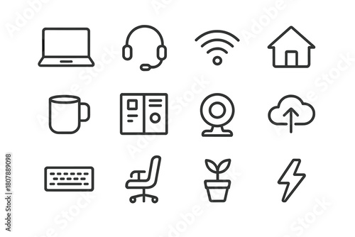 Remote Work Essentials. Remote work productivity. Line icon set of remote work productivity: laptop, headset mic, wifi, house, coffee mug, task board, webcam,