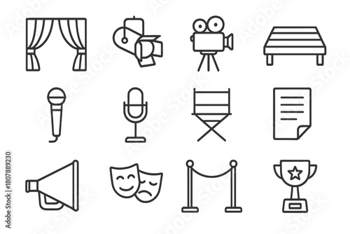 Stage Icon Set. Stage production. Line icon set of stage production: curtain, spotlight, camera, stage floor, microphone, clapperboard, director chair, script,