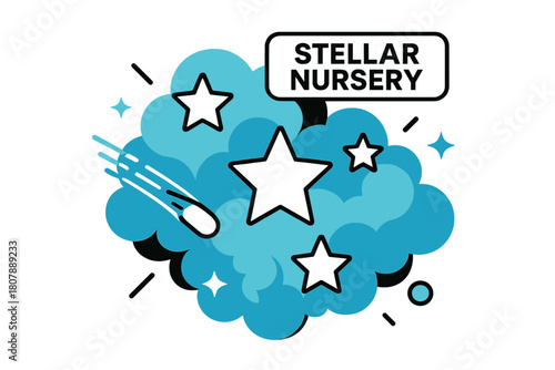 Stellar Nursery. Nebula ? Stellar Nursery. Gas clouds billow like cotton candy as tiny star icons ignite; a floating tag reads ?Stellar Nursery.? Comet-like