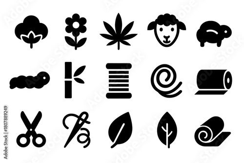 Fiber Production Icons. Fiber production. Solid icon set of fiber production: cotton plant, flax, hemp, wool, silk, bamboo, spool, rope, scissors, thread,