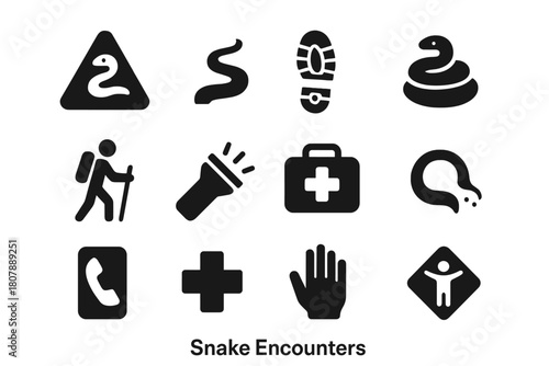 Snake Encounter Icons. Snake Encounters. Solid icon set of Snake Encounters: snake warning sign, trail path, boot print, coiled defense, hiker stick,