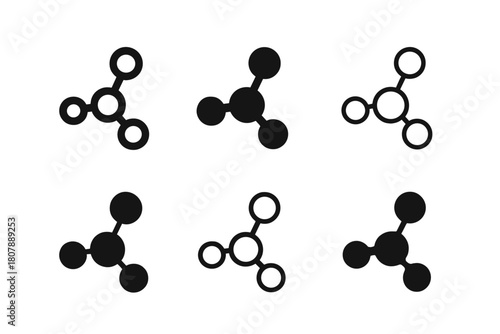 Stylized Molecular Logos. Substances. Icon set. Set Logo of Substances: Molecule structure. harmonious logo variations of the same emblematic concept, each