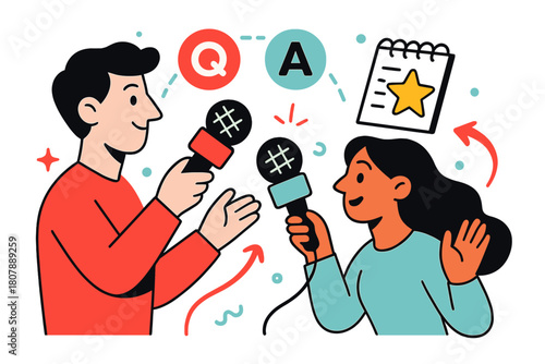 Dynamic Interview Scene. Interview segment. Two mics face each other like friendly comets; ?Q? and ?A? badges orbit between hosts. A notepad flips to a star as