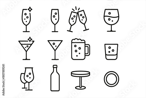 Bubbly Icons Set. Bubbly toast. Line icon set of bubbly toast: sparkling glass, champagne flute, clinking glasses, wine glass, cocktail glass, martini glass,