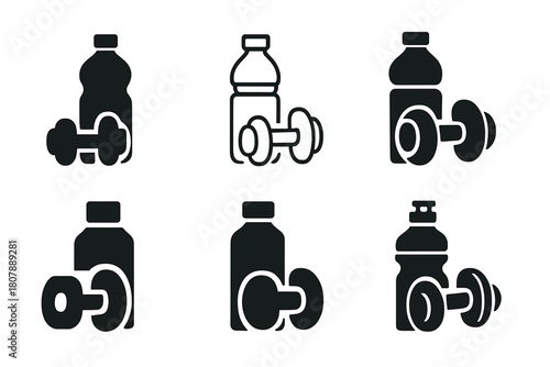 Exercise Icon Set. The benefits of physical exercise. Icon set. Set Logo of The benefits of physical exercise: Water bottle and fitness gear. harmonious logo