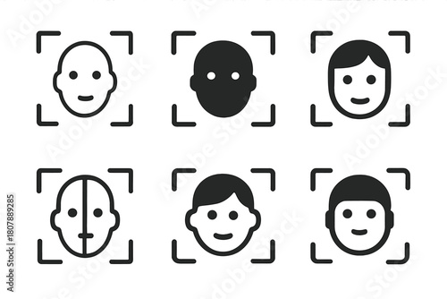Facial Recognition Icons. Facial recognition. Icon set. Set Logo of facial recognition: ID card with face portrait circle. harmonious logo variations of the