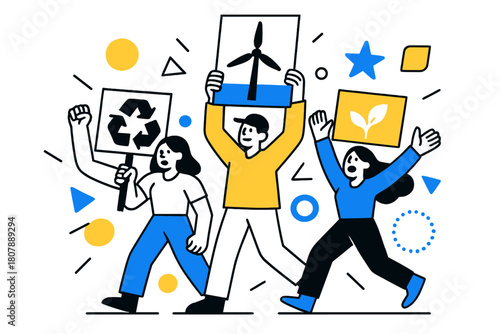 Vibrant Eco Activism. Environmental Protests. People holding up recycling and green energy signs with floating abstract geometric shapes, engaged and activist