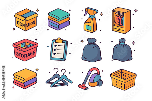 Decluttering Icons Set. Decluttering essentials. Colorful isometric vector icons set of Decluttering essentials: donation box, folded clothes stack, open