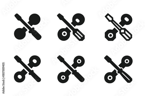 Door Hardware Icons. Replacing door hardware (knob or handle). Icon set. Set Logo of replacing door hardware (knob or handle): handle and key silhouette on