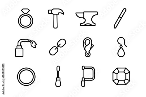 Metal Jewelry Icons. Metal Jewelry Craft. Line icon set of Metal Jewelry Craft: ring, hammer, anvil, file, torch, chain, clasp, earring, bracelet, polishing