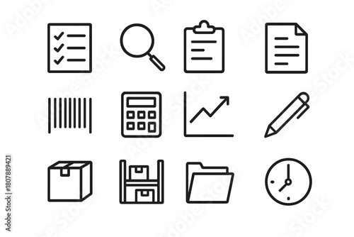 Inventory Icon Collection. Inventory audit. Line icon set of inventory audit: checklist, magnifying glass, clipboard, document, barcode, calculator, chart,