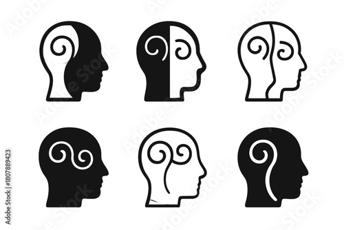 Duality Emblem Variations. Duality of mind. Icon set. Set Logo of Duality of mind: Abstract dual thought icon. harmonious logo variations of the same
