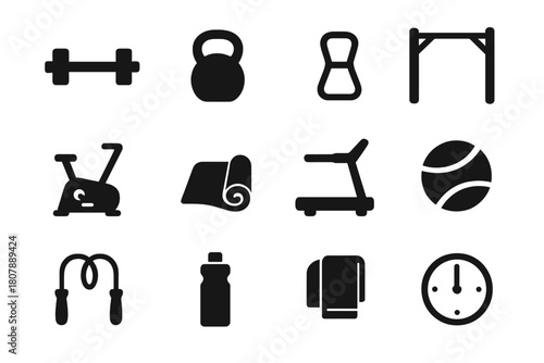Strength Training Icons. Strength training. Solid icon set of Strength training: dumbbell, kettlebell, resistance band, pull-up bar, exercise bike, yoga mat,