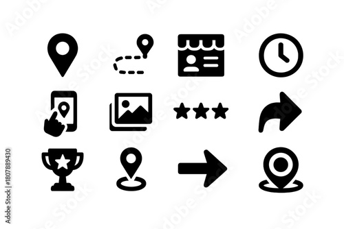 Local SEO Icons. Local SEO and Maps Reviews. Solid icon set of Local SEO and Maps Reviews: map pin, route path, business listing card, opening hours, phone