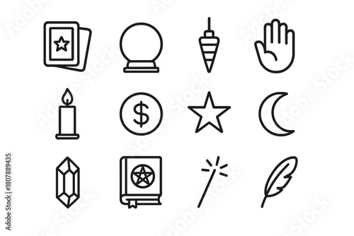 Divination Icon Set. Divination and fortune. Line icon set of divination and fortune: tarot card, crystal ball, pendulum, palm, candle, coin, star, moon,