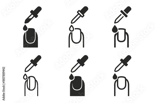 Natural Nails Icons. Natural nails. Icon set. Set Logo of natural nails: cuticle oil dropper above nail plate. harmonious logo variations of the same