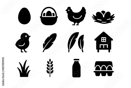 Organic Egg Icons. Organic Eggs. Solid icon set of Organic Eggs: egg, basket, hen, nest, chick, feathers, coop, grass, wheat stalk, milk bottle, carton,