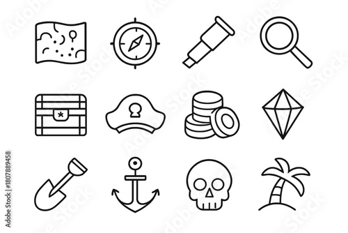 Adventure Iconography. Adventure icons. Line icon set of adventure icons: map, compass, telescope, magnifying glass, treasure chest, pirate hat, gold coins,