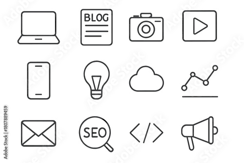 Content Creation Icons. Content creation tools. Line icon set of content creation tools: laptop, blog, camera, video play button, smartphone, light bulb,
