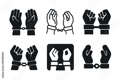 Handcuffed Hands Icons. Person Arrested on Suspicion of Crime. Icon set. Set Logo of Arrest Scene: handcuffed hands icon. harmonious logo variations of the