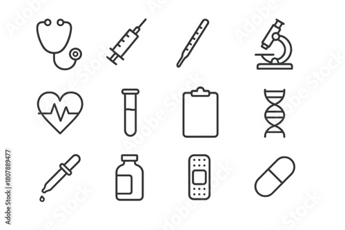 Medical Instruments Icons. Medical Instruments. Line icon set of Medical Instruments: stethoscope, syringe, thermometer, microscope, heartbeat, test tube,