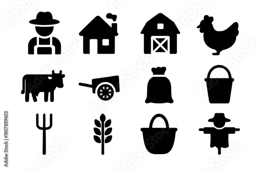 Rural Life Icons. Rural life. Line icon set of rural life: farmer, house, field, tree, water bucket, shovel, hat, cow, sun, mountain, cloud, path. All outline