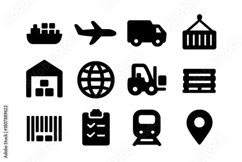 Trade and Shipping Icons. Trade & Shipping. Solid icon set of Trade & Shipping: cargo ship, airplane, delivery truck, shipping container, warehouse, globe,