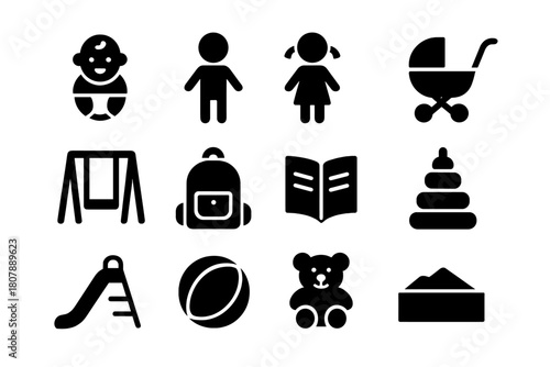 Family Icons Grid. Family Time. Solid icon set of Family Time: baby, boy, girl, stroller, swing, backpack, school book, toy, slide, ball, teddy bear, sandbox.