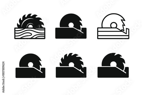 Saw Blade Logos. Power saw blade. Icon set. Set Logo of Power Saw Blade: stylized saw blade in warning triangle. harmonious logo variations of the same