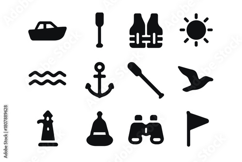Leisure Boating Icons. Leisure boating. Solid icon set of Leisure boating: boat, oar, life jacket, sun, water waves, anchor, paddle, seagull, lighthouse, buoy,
