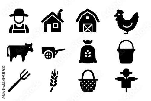 Rural Life Icons. Rural life. Line icon set of rural life: farmer, house, field, tree, water bucket, shovel, hat, cow, sun, mountain, cloud, path. All outline