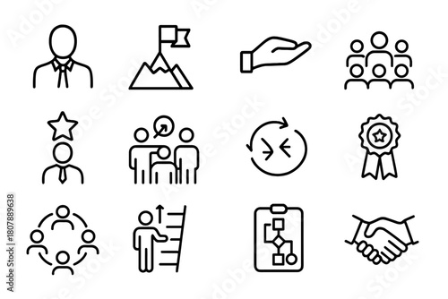 Leadership Icon Set. Leadership. Solid icon set of leadership: leader figure, podium, flag, lightbulb, people group, star, upward arrow, gears, plan board,