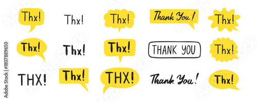 THX speech bubble yellow bright set. Thank you hand drawn quote text. Doodle thx phrase.
