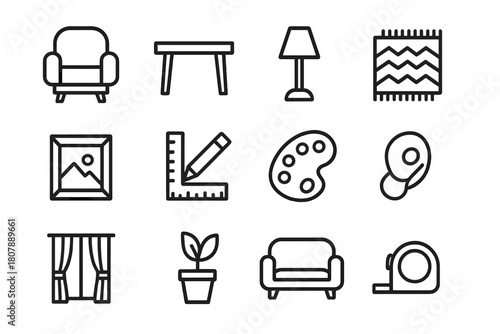 Interior Design Icons. Interior Design. Line icon set of Interior Design: chair, table, lamp, rug, wall frame, ruler, pencil, paint palette, curtain, plant,