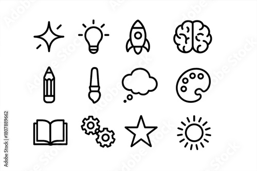 Creative Spark Icons. Creative spark. Line icon set of creative spark: spark, light bulb, rocket, brain, pencil, paintbrush, thought bubble, color palette,